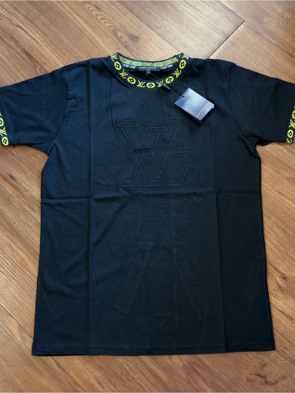 Louis Vuitton Black Short Sleeve Tee with Yellow Logo Trim